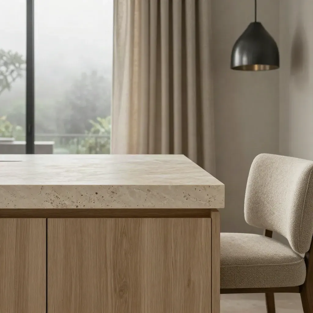 Macro of oak, limestone, boucle, and linen in a moody modern interior