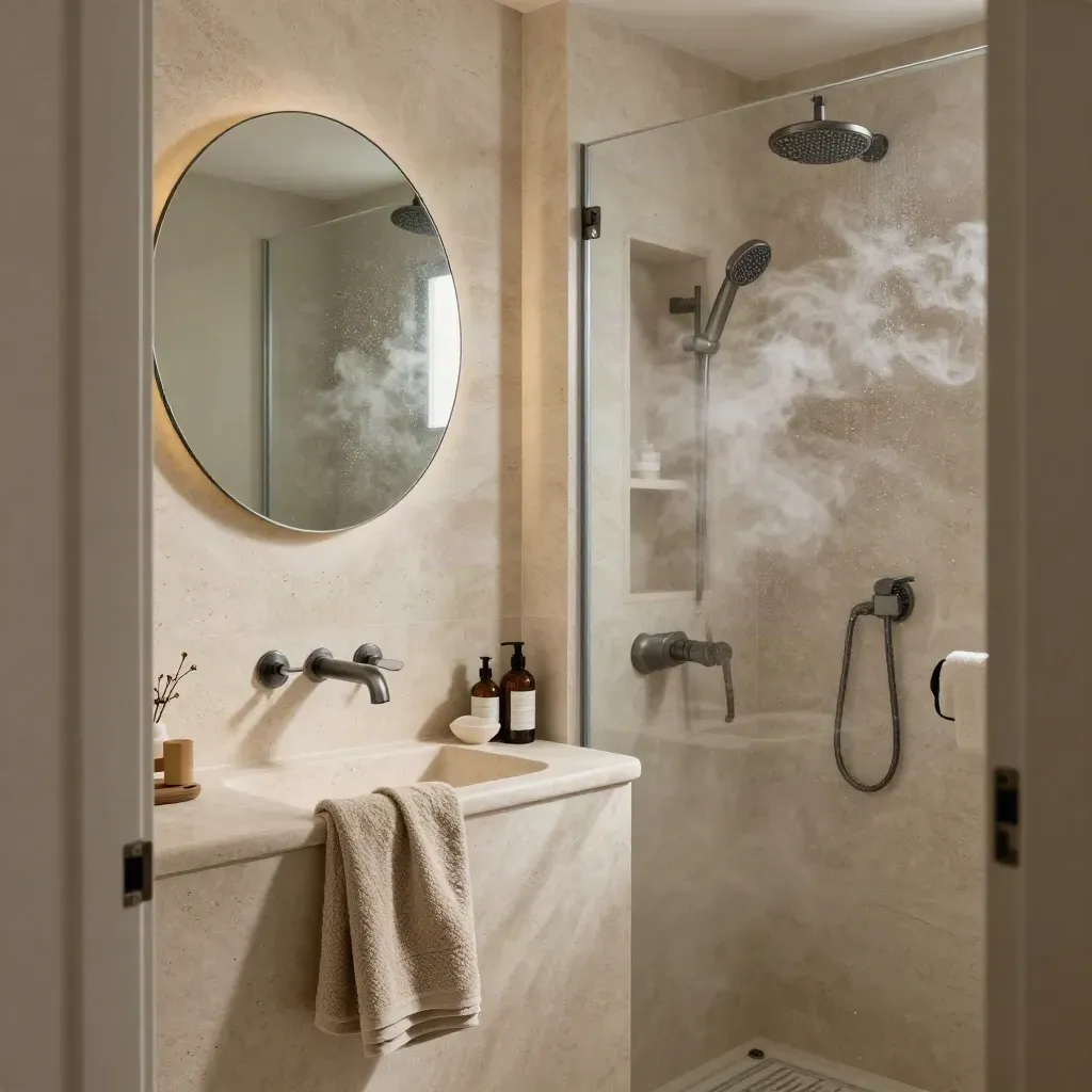 Steam curls through a compact stone bath suite with mirror, wall storage, and glowing vanity light.
