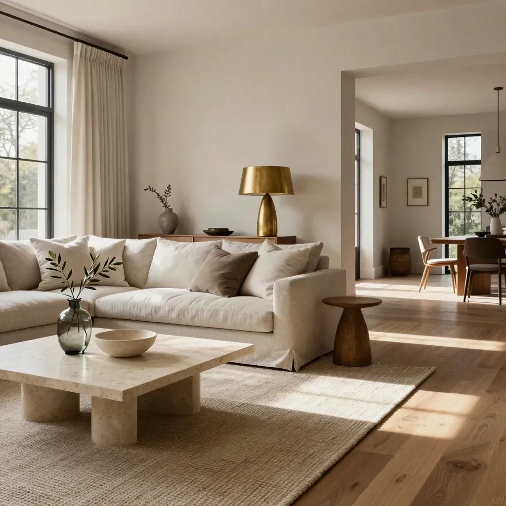 Staged modern living room with linen sofa, brass lamp, and travertine table in soft daylight
