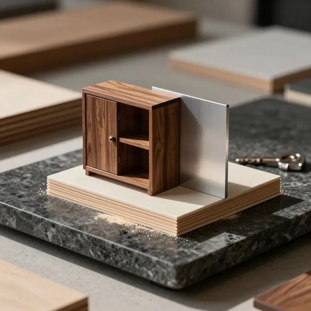 Joinery offcuts, miniature block model, and aluminum sample on a dark stone slab