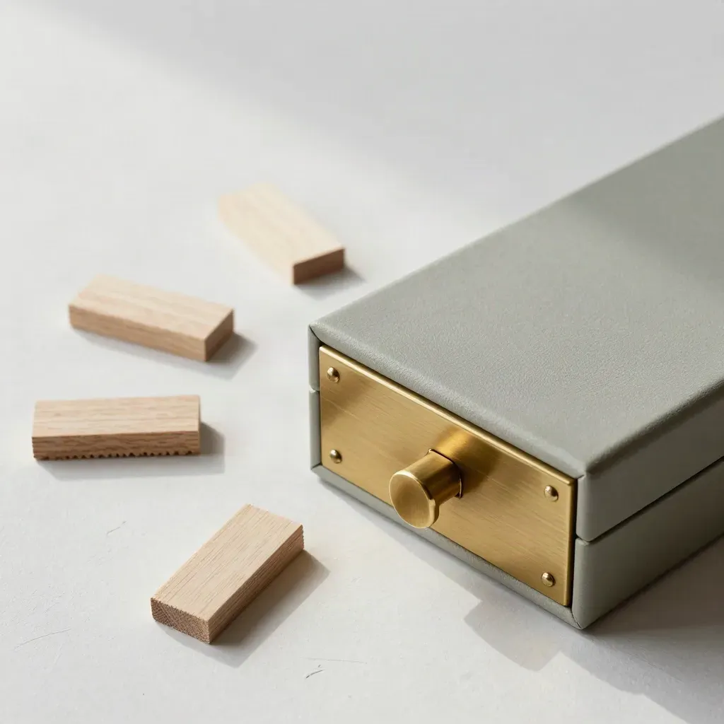 Overhead support kit with sample box, brass hinge, pull, and joinery offcuts on plaster.