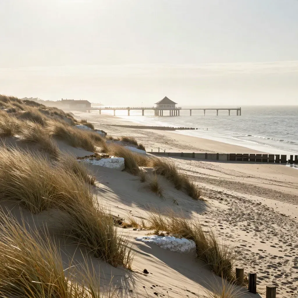 Hazy The Hague dunes with a distant coastal landmark, pale sand, sea mist, and low shoreline architecture.